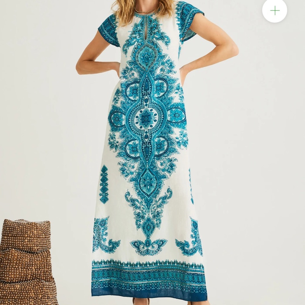 Elegant blue and white beaded linen maxi dress by Calypso St. Barth